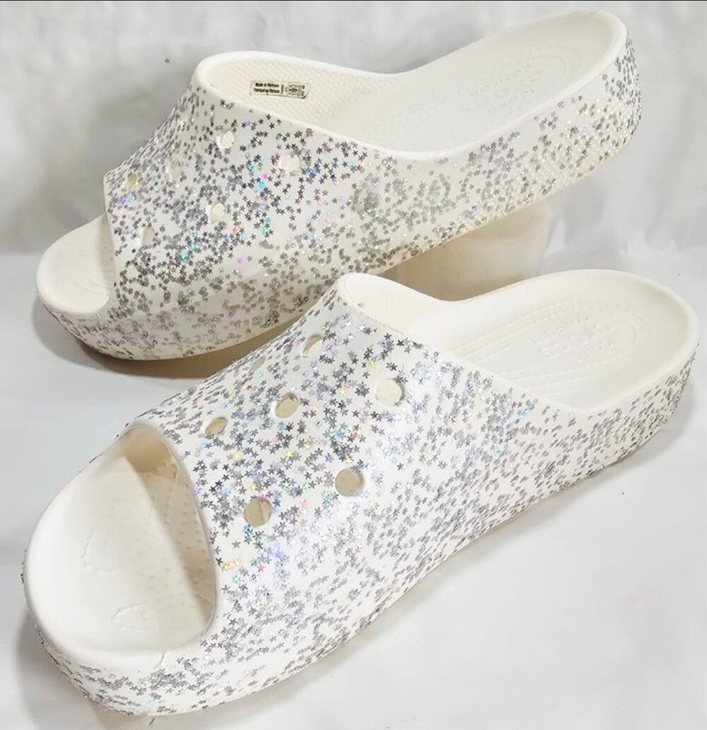 Crocs Classic Platform Starry Glitter Slide Sandals White Women's Size 10 EUC